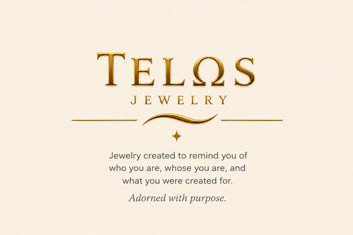 A cream-colored graphic card featuring the brand name 'TELOS JEWELRY' in a metallic gold serif font, with a decorative gold flourish and tagline text below.
